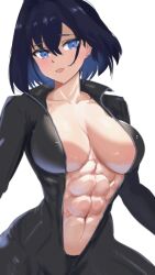 1girl abs alternate_costume animated animated_gif black_bodysuit black_hair black_panties blue_eyes blue_hair bodysuit breasts colored_inner_hair commentary english_commentary highres hololive hololive_english katosh large_breasts looking_at_viewer medium_hair multicolored_hair muscular muscular_female navel open_mouth ouro_kronii panties simple_background solo toned toned_female underwear unzipped virtual_youtuber white_background