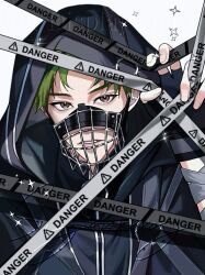 1boy alternate_costume black_gloves brown_eyes fingerless_gloves gloves green_hair highres kotaro_tamon looking_at_viewer male_focus muzzle_(mask) phantom_busters short_hair signature simple_background solo syanxxxg teeth upper_body white_background