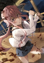 axe black_shirt blood blue_skirt blush gasai_yuno hatchet_(axe) highres jacket long_hair miniskirt mirai_nikki nasubin_(nasubisamurai15) pencil_skirt pink_eyes pink_hair shirt skirt white_jacket