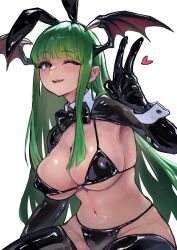 1girl absurdres ap_cammy bikini black_bikini black_thighhighs blush cowboy_shot darkstalkers demon_girl demon_wings green_eyes green_hair head_wings heart highres long_hair meme_attire morrigan_aensland navel one_eye_closed reverse_bunnysuit reverse_outfit simple_background solo swimsuit thighhighs v white_background wings