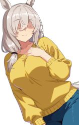 1girl animal_ears blue_pants breasts commentary_request faceless faceless_female grey_hair highres horse_ears horse_girl large_breasts medium_hair oguri_cap&#039;s_mother_(umamusume) pants reibun_(raven1119) solo sweater umamusume umamusume:_cinderella_gray yellow_sweater