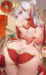Rule 34 | 1girl, absurdres, ass, ass focus, back, bare shoulders, bent over, blush, breasts, butt crack, c-string, calligraphy brush, cameltoe, character request, circlet, commentary request, cup, dahe zhuang (yishi fanhua), from behind, grey hair, hair bun, hair rings, highres, indoors, ji chenxing, long hair, looking back, paintbrush, petals, purple eyes, revealing clothes, see-through clothes, sideboob, single hair bun, small breasts, snowbreak: containment zone, solo, sparkle, strapless bottom, tassel