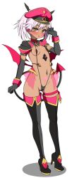 1girl absurdres black_gloves blush boots breasts corruption covered_erect_nipples dark-skinned_female dark_persona dark_skin demon_girl demon_tail demon_wings elbow_gloves frozen_gingasan full_body gloves gunslinger_stratos hat high_heels highres looking_at_viewer navel open_mouth pink_hair pubic_tattoo revealing_clothes shinou_matsurika simple_background slave_gear slingshot_swimsuit small_breasts solo stomach_tattoo swimsuit tail tattoo thigh_boots thigh_strap thighhighs ts_magical_girl_nao twintails variant_set white_background wings yellow_eyes
