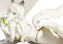1girl animal_ears animal_nose ass bikini blue_eyes breasts claws coconut drinking_straw from_side furry furry_female gold_bikini grey_background highres holding kuroe_(crocrocroe) long_hair lying o-ring o-ring_bikini on_stomach original shadow sideways_glance solo swimsuit tail two-tone_background wedgie white_background white_hair wolf_ears wolf_tail