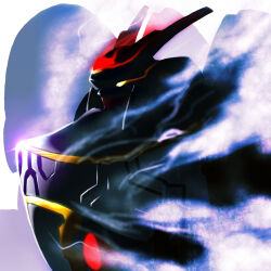 alphamon armor binary black_armor close-up code core creature creature_focus digicore digicore_interface digimon digimon_(creature) dim_lighting electricity eye_trail fake_horns fog forehead_jewel from_side gem gerusyu glowing glowing_eyes helmet highres horned_helmet horns knight light_trail no_humans red_gemstone reflection solo steaming_body yellow_eyes