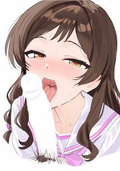 1boy 1girl blank_censor blush bow bowtie brown_eyes brown_hair censored cropped_torso erection fellatio half-closed_eyes heart heart-shaped_pupils hetero highres idolmaster idolmaster_million_live! kitazawa_shiho licking licking_penis long_hair looking_at_viewer male_pubic_hair open_mouth oral penis pink_bow pink_bowtie pubic_hair sailor_collar saliva school_uniform serafuku shirt simple_background solo_focus sweat symbol-shaped_pupils tongue tongue_out white_background white_sailor_collar white_shirt zhan_jie_wang