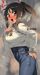 1girl :d artist_name blush breasts brown_hair cleavage collar denim ergot fang finger_to_mouth from_side grey_background heart jeans long_sleeves looking_to_the_side medium_breasts open_mouth original paid_reward_available pants ponytail ribbed_sweater sidelocks simple_background smile solo spoken_heart sweater tina_(ergot) white_sweater