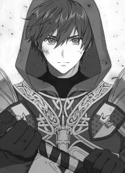 1boy absurdres alter_(mabinogi) armor arms_up commentary cuts dirty dirty_face gloves greyscale hair_between_eyes hashtag-only_commentary highres holding holding_weapon hood hood_up injury looking_at_viewer mabinogi male_focus monochrome pauldrons ray_(lthenray) sanpaku shirt short_hair shoulder_armor simple_background solo upper_body weapon white_background