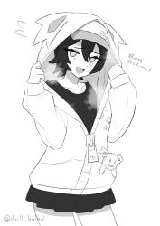 1girl @_@ baseball_cap blush cowboy_shot drill_bulbul hair_between_eyes half-closed_eyes hat hood hood_up hoodie looking_at_viewer monochrome nintendo nyabiko_(pokemon) open_clothes open_hoodie open_mouth pleated_skirt pokemon pokemon_(anime) pokemon_horizons short_hair skirt solo sweat tearing_up twitter_username white_background