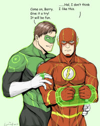 2boys bara barry_allen black_bodysuit blush bodysuit bound bound_wrists brown_hair closed_mouth dc_comics domino_mask english_text evinist gloves green_bodysuit green_lantern green_lantern_(series) hal_jordan jewelry large_pectorals looking_at_another male_focus mask multiple_boys muscular muscular_male pectorals red_bodysuit restrained ring short_hair simple_background smile the_flash the_flash_(series) two-tone_bodysuit white_gloves yaoi