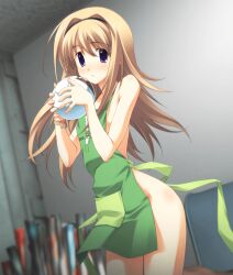 1girl apron apron_pocket ass ass_blush black_hairband blonde_hair blue_couch blurry blurry_background blush bracelet breasts chaos;head chaos;head_love_chu_chu! chef_hat collarbone couch dutch_angle embarrassed fingernails game_cg gero-froggy green_apron green_ribbon groin hair_between_eyes hairband hat highres holding holding_orb indoors jewelry long_hair long_sidelocks looking_at_viewer matsuo_yukihiro naked_apron narrow_waist nishijou_nanami non-web_source official_art purple_eyes ribbon shiny_eyes shiny_skin sidelocks small_breasts solo stray_hair thick_thighs thighs upa_(steins;gate) wavy_mouth