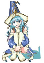 1girl absurdres blue_eyes blue_hair braid crossed_ankles detached_sleeves duel_monster hat highres holding holding_staff legs_together long_hair long_sleeves looking_at_viewer open_mouth pointy_ears single_braid sitting smile solo staff ticzuuklucotnrk water_enchantress_of_the_temple witch_hat yu-gi-oh!