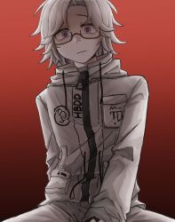 Rule 34 | aotsuki eito, black eyes, blue eyes, closed mouth, eyebrows, eyelashes, glasses, gradient background, highres, looking at viewer, male focus, multicolored eyes, parted hair, red background, red pupils, simple background, solo, solo focus, the hundred line -last defense academy-, white hair, zipper, zipper pull tab