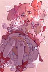 1girl bow bow_choker bright_pupils buttons center_frills chest_jewel choker collarbone creature creature_on_shoulder cross-laced_shoes dress dress_bow footwear_bow frilled_dress frilled_skirt frilled_sleeves frilled_socks frills full_body gem gloves hair_bow high_heels highres jumping kaname_madoka kneehighs kyubey light_blush loi_(loiqi107) mahou_shoujo_madoka_magica mahou_shoujo_madoka_magica_(anime) miniskirt on_shoulder open_mouth petticoat pink_background pink_bow pink_dress pink_eyes pink_gemstone pink_hair puffy_short_sleeves puffy_sleeves pumps red_bow red_choker red_shoes shoes short_dress short_hair short_sleeves short_twintails simple_background skirt skirt_under_dress socks solo sparkle square_neckline surprised swept_bangs tareme twintails watermark watermark_grid white_gloves white_pupils white_skirt white_sleeves white_socks