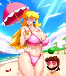 1boy 1girl :d :o artist_collaboration artist_name bare_arms bare_shoulders beach belly bexymoma big_nose bikini blonde_hair blue_eyes blue_gemstone blurry blurry_background breasts brooch brown_hair bursting_breasts cleavage cloud collarbone crab earrings eyelashes facial_hair fingernails floating_hair flower gem hair_flower hair_ornament hand_on_own_hip heart heart-shaped_eyes height_difference highleg highleg_bikini highres holding holding_umbrella huge_breasts jewelry light_rays lips long_hair looking_at_viewer mario mario_(series) mountain mustache nail_polish navel nintendo open_mouth outdoors palm_tree parasol pink-tinted_eyewear pink_bikini pink_flower pink_lips pink_nails pink_umbrella plump princess_peach shiny_skin smile speeds standing sunbeam sunlight super_mario_sunshine swimsuit taut_bikini taut_clothes thick_eyebrows thighs tinted_eyewear tree umbrella water watermark
