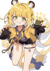 Rule 34 | 1girl, animal ear fluff, animal ears, black gloves, black shorts, blonde hair, blue shoes, blunt bangs, blush, chyanu, claw pose, fingerless gloves, gloves, green eyes, grey shirt, grin, highres, jacket, ju fufu, long hair, looking at viewer, shirt, shoes, short shorts, shorts, smile, solo, tail, thigh strap, tiger ears, tiger girl, tiger tail, yellow jacket, zenless zone zero