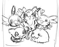 Rule 34 | blush, chibimon, digimon, digimon (creature), digimon adventure 02, highres, looking at viewer, monochrome, nyaromon, one eye closed, poromon, sketch, tokomon, upamon, wink