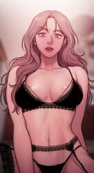 Rule 34 | 1girl, bad thinking diary, between legs, black bra, black panties, black thighhighs, bra, collarbone, garter belt, hand between legs, highres, lace, lace-trimmed bra, lace-trimmed thighhighs, lace trim, lingerie, long hair, looking down, navel, oh hyera, panties, pink hair, rangrarii, solo, spread legs, string panties, thighhighs, underwear
