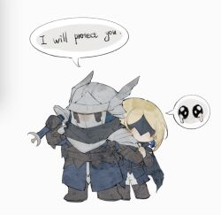 Rule 34 | 1boy, 1girl, 8989dfc8050a456, armor, blonde hair, brother and sister, cape, chibi, duchess (elden ring), elden ring, elden ring nightreign, gloves, helmet, highres, holding, holding weapon, long hair, siblings, simple background, sword, tears, weapon, winged helmet, wylder (elden ring)