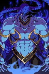 Rule 34 | 1boy, abs, arabic text, arms at sides, blue skin, braid, bucchigiri?!, colored skin, evil smile, eye trail, genie, highres, ichiya (bucchigiri?!), large pectorals, light trail, looking at viewer, male focus, mouth trail, muscular, muscular male, navel, oekaki shitou, offering hand, pectorals, smile, solo, stomach, text tattoo, twin braids