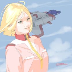 1girl blonde_hair closed_mouth cloud green_eyes gundam ikeda_kazuhiro looking_at_viewer mecha military_uniform mobile_suit_gundam robot sayla_mass short_hair smile solo