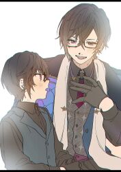 2boys :d aged_down black-framed_eyewear black_gloves black_hair black_shirt blue_coat blue_eyes blue_vest buttons chain child chromatic_aberration coat coat_on_shoulders collared_shirt commentary_request crossed_bangs dual_persona glasses gloves gold_chain grey_vest hair_between_eyes hand_up highres kaburagi_(pnoir087) long_sleeves looking_at_another lower_teeth_only male_focus mole mole_on_neck multiple_boys necktie nijisanji open_mouth own_hands_together purple_eyes purple_necktie semi-rimless_eyewear shikinagi_akira shikinagi_akira_(1st_costume) shirt short_hair simple_background smile teeth time_paradox under-rim_eyewear vest virtual_youtuber white_background wing_collar
