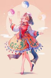 1girl flower frills full_body hair_flower hair_ornament highres jewelry long_sleeves magatama medium_hair orb patterned_clothing puffy_sleeves red_eyes rhea_(156latte) sash solo tamatsukuri_misumaru touhou waist_sash yin_yang yin_yang_orb