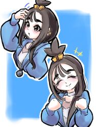 1girl blue_hoodie blush choker cube_hair_ornament grey_eyes hair_ornament highres hood hoodie lida_(pokemon) long_hair long_sleeves multiple_views nintendo pokemon pokemon_legends:_z-a thick_eyebrows topknot yoisome_sino