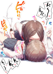 1futa 1girl absurdres ayanakitori bar_censor black_sailor_collar black_skirt breasts brown_hair censored cum ejaculation futa_with_female futanari futasub girl_on_top handjob highres implied_kiss long_sleeves lying medium_breasts medium_hair motion_lines nipples on_back original penis pleated_skirt sailor_collar school_uniform serafuku short_hair simple_background skirt translated white_background