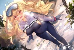 Rule 34 | 1girl, ahoge, azur lane, blonde hair, bluecher (azur lane), bluecher (high-altitude head over heels) (azur lane), blush, breasts, cleavage, commentary, from side, full body, goggles, heaven&#039;s melody, highres, large breasts, long hair, looking at viewer, mountain, official alternate costume, open mouth, outdoors, red eyes, shrug (clothing), ski goggles, smile, snow, solo, two side up, white shrug