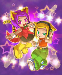 Rule 34 | 2girls, :d, animal ears, belt, blonde hair, boots, bow, bowtie, dj candy, green eyes, green pants, headphones, headset, looking at viewer, mc emi, mirai (mirai8), multiple girls, mysims, open mouth, pants, purple background, purple eyes, purple hair, short hair, skirt, sleeveless, smile, spotlight, star (symbol), tail, tiger ears, tiger tail, wrist cuffs, wristband, yellow boots
