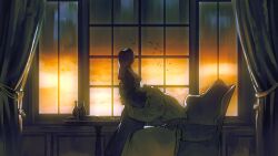 Rule 34 | 1boy, 1girl, against window, ashtray, bird, black dress, black hair, blonde hair, breasts, cigarette, cloud, cloudy sky, commentary request, curtains, dress, evening, glass bottle, head hug, hetero, highres, indoors, looking to the side, nun, on chair, original, robe, sky, small breasts, standing, sunset, tears, thai commentary, too many, too many birds, twilight, unholymilk, upper body, white robe