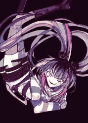 1girl amemiya_darumi black_background black_boots black_bow black_hair black_skirt blue_hair boots bow collar female_focus looking_at_viewer multicolored_hair pink_eyes pink_thighhighs pleated_skirt safety_pin shirt skirt solo striped_clothes striped_shirt takueitaku the_hundred_line_-last_defense_academy- thighhighs twintails