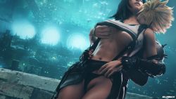 1boy 1girl 3d abs absurdres armor artist_name bare_shoulders black_hair black_skirt blonde_hair breasts closed_eyes clothes_lift cloud_strife couple crop_top detached_sleeves final_fantasy final_fantasy_vii final_fantasy_vii_remake fingerless_gloves gloves grabbing_another&#039;s_breast groping highres large_breasts midgar midriff navel panties shoulder_armor skirt skirt_lift solidsnack spiked_hair square_enix suspender_skirt suspenders tank_top tifa_lockhart underboob underwear white_tank_top