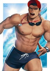 Rule 34 | 1boy, abs, bara, bare pectorals, baseball cap, beach, black hair, blue male swimwear, bulge, cowboy shot, dark-skinned male, dark skin, goggles, goggles around neck, hat, highres, large pectorals, leg hair, lifeguard, male focus, male swimwear, mature male, muscular, muscular male, navel, navel hair, nipples, odol illust, open mouth, original, pectorals, realistic, running, short hair, sideburns, solo, stomach, swim trunks, thick thighs, thighs, topless male, veins, watch, whistle, whistle around neck, wristwatch