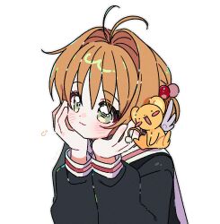 1girl :3 :d black_shirt blush_stickers brown_hair cardcaptor_sakura closed_mouth green_eyes hair_bobbles hair_ornament head_rest highres kero_(cardcaptor_sakura) kinomoto_sakura long_sleeves one_side_up open_mouth sailor_collar shirt short_hair simple_background smile upper_body white_background white_sailor_collar yalmyu
