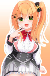 1girl :d arm_at_side black_bow blush bow bowtie breasts buttons center_frills commentary cowboy_shot double-breasted eyes_visible_through_hair frilled_shirt frilled_skirt frills green_eyes grey_skirt hair_between_eyes hair_bow hair_ornament hairclip hamidashi_creative hand_up happy highres large_breasts long_hair long_sleeves looking_at_viewer miniskirt open_mouth orange_background orange_hair outline pleated_skirt red_bow red_bowtie ryuukan_ameri school_uniform shirt side_ponytail silver116 simple_background skirt smile solo straight_hair v white_outline white_shirt