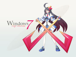 Rule 34 | 1girl, 7-tan, 7-tan (xp mode), ahoge, black hair, blue shoes, blue skirt, commentary request, detached sleeves, hair ornament, holding, holding weapon, huge ahoge, long hair, looking at viewer, original, os-tan, personification, sato (esuplusesu), shoes, skirt, solo, thighhighs, very long hair, weapon, white thighhighs, x hair ornament, zettai ryouiki