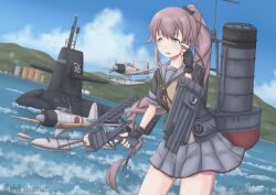 Rule 34 | 1girl, a6m2-n, a6m zero, absurdres, adapted turret, aircraft, airplane, arm up, black gloves, black jacket, commentary request, cowboy shot, floatplane, gloves, green eyes, grey sailor collar, grey skirt, hair flaps, hair ribbon, highres, jacket, japan maritime self-defense force, japan self-defense force, js raigei (ss-516), kantai collection, long hair, military, military vehicle, neck ribbon, open mouth, partially fingerless gloves, pink hair, pleated skirt, ponytail, propeller fighter, red ribbon, ribbon, rigging, sailor collar, seaplane, shikabiscuit, short sleeves, side ponytail, skirt, smokestack, submarine, twitter username, very long hair, watercraft, yura (kancolle), yura kai ni (kancolle)