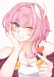 1girl ;) absurdres bare_shoulders blue_eyes breasts cleavage coat commentary cyrene_(honkai:_star_rail) dress fuwumaki heart highres honkai:_star_rail honkai_(series) looking_at_viewer one_eye_closed pink_hair pink_pupils purple_coat short_hair simple_background smile solo symbol-only_commentary upper_body white_background white_dress