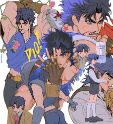 1boy age_progression angry arms_up ascot backpack bag birthmark blonde_hair blood blood_from_mouth blood_on_face blood_splatter blue_eyes blue_hair blue_tank_top blue_vest brown_gloves brown_jacket character_name chewing clenched_teeth closed_eyes collared_shirt dio_brando eating english_text eyelashes fangs fingerless_gloves fingernails flower gloves highres jacket joestar_birthmark jojo_no_kimyou_na_bouken jojo_pose jonathan_joestar jonathan_joestar&#039;s_pose_(jojo) kneehighs lips long_sleeves mary_janes multiple_persona multiple_views muscular muscular_male neck_ribbon nosebleed opposing_sides out_of_frame outstretched_hand parted_bangs phantom_blood pink_ribbon plant red_eyes ribbon rose shirt shoes shorts shoulder_pads shuaitofu socks speech_bubble star_(symbol) stone_mask_(jojo) string string_of_fate tank_top teeth tendril thick_eyebrows thorns v-shaped_eyebrows vest vines white_ascot white_shirt white_socks