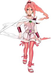 1girl armlet cape cloak dress earrings feet female_focus final_fantasy final_fantasy_iv final_fantasy_iv:_the_after_years high_ponytail jewelry legs long_hair looking_at_viewer no_bra official_art pink_hair ponytail porom sandals see-through_clothes solo striped_clothes striped_thighhighs thighhighs toes transparent_background walking