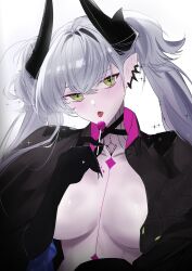 1girl absurdres black_cloak black_hands blush body_markings breasts cloak colored_extremities crossed_bangs demon_girl demon_horns ear_piercing fate/grand_order fate_(series) green_eyes grey_hair highres horns large_breasts lilith_(fate) lilith_(second_ascension)_(fate) long_hair looking_at_viewer open_mouth piercing pointy_ears ran_(lan_drawing) solo twintails