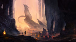 Rule 34 | 2others, brazier, cliff, fantasy, fire, giant, giant monster, jjcanvas, monster, multiple others, orange sky, original, outdoors, pillar, rock, scenery, signature, sky, standing, tail, watermark, web address, wide shot, yellow sky