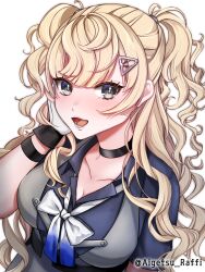 1girl aigetsu_raffi artist_name black_choker blonde_hair blue_shirt bow bowtie breasts choker collarbone gloves grey_eyes hair_ornament hand_on_own_face highres kantai_collection minneapolis_(kancolle) open_mouth shirt simple_background solo twintails upper_body wavy_hair white_background white_gloves