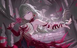 1girl bandaged_arm bandages bare_shoulders black_skirt blood bloody_tears breasts commentary dress earrings flower funtazzy grey_eyes grey_hair halter_dress halterneck highres holding holding_flower indoors jewelry long_hair looking_at_viewer medium_breasts outstretched_arm phrolova_(wuthering_waves) red_dress red_petals revision single_sleeve skirt solo spider_lily tacet_mark_(wuthering_waves) wuthering_waves