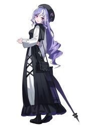 1girl absurdres alternate_costume beret black_hat black_shirt black_shoes black_skirt breasts commentary cropped_shirt drill_hair from_behind from_side full_body hat highres holding holding_umbrella long_hair long_skirt medium_breasts multicolored_hair niji_(rudduf232) open_mouth parasol pointy_ears purple_hair red_eyes shirt shoes simple_background skirt solo streaked_hair umbrella vivian_(zenless_zone_zero) white_hair white_sleeves zenless_zone_zero