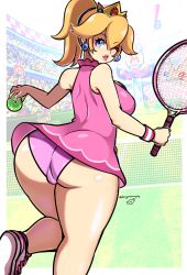 1girl ass ball blonde_hair blue_eyes breasts cameltoe commission crowd d-ryuu earrings from_behind jewelry large_breasts lipstick looking_at_viewer looking_back makeup mario_(series) mario_tennis mario_tennis_aces nintendo official_alternate_costume one_eye_closed outdoors panties parted_lips pink_panties ponytail princess_peach racket red_lips skirt smile solo tennis_ball tennis_court tennis_racket underwear upskirt wink wristband