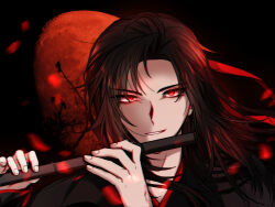 Rule 34 | 1boy, aninsigsi, bishounen, black hair, black hanfu, chinese clothes, dizi, falling petals, flute, full body, full moon, glowing, glowing eyes, hair down, hair ribbon, half updo, hanfu, highres, holding, holding flute, holding instrument, instrument, korean commentary, long hair, looking at viewer, male focus, modao zushi, moon, music, night, official alternate hairstyle, parted lips, petals, playing instrument, portrait, red eyes, red moon, red petals, red ribbon, ribbon, smile, solo, transverse flute, upper body, wei wuxian, wei wuxian (yiling laozu)