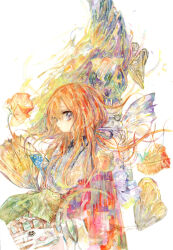 1girl absurdres black_eyes glance gloves hair_ribbon highres kazuka long_hair looking_at_viewer orange_hair original painting_(medium) plant potted_plant ribbon solo traditional_media watercolor_(medium) white_background white_gloves